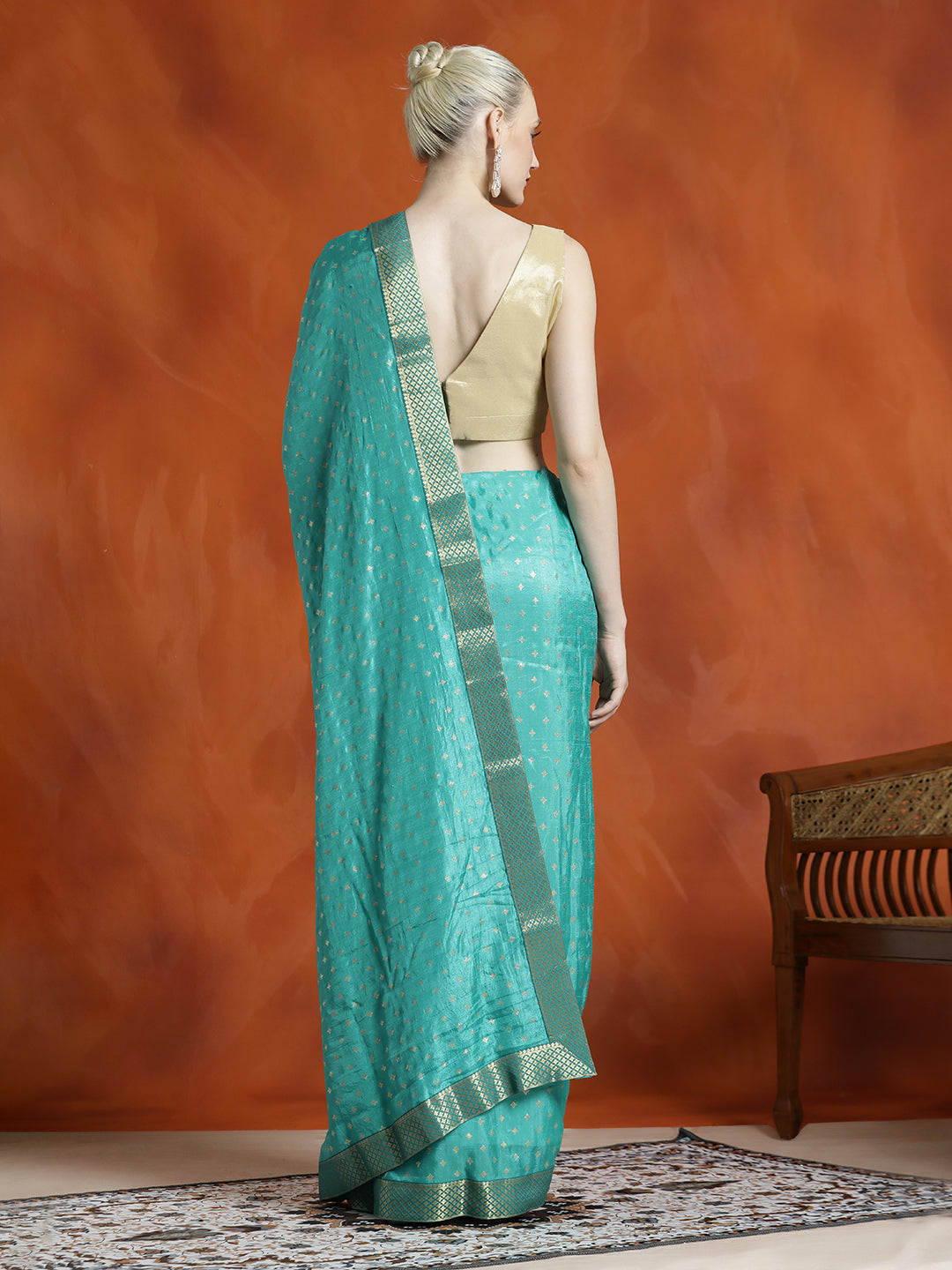 Sea Green Silk Blend Floral Zari Woven Heavy Saree