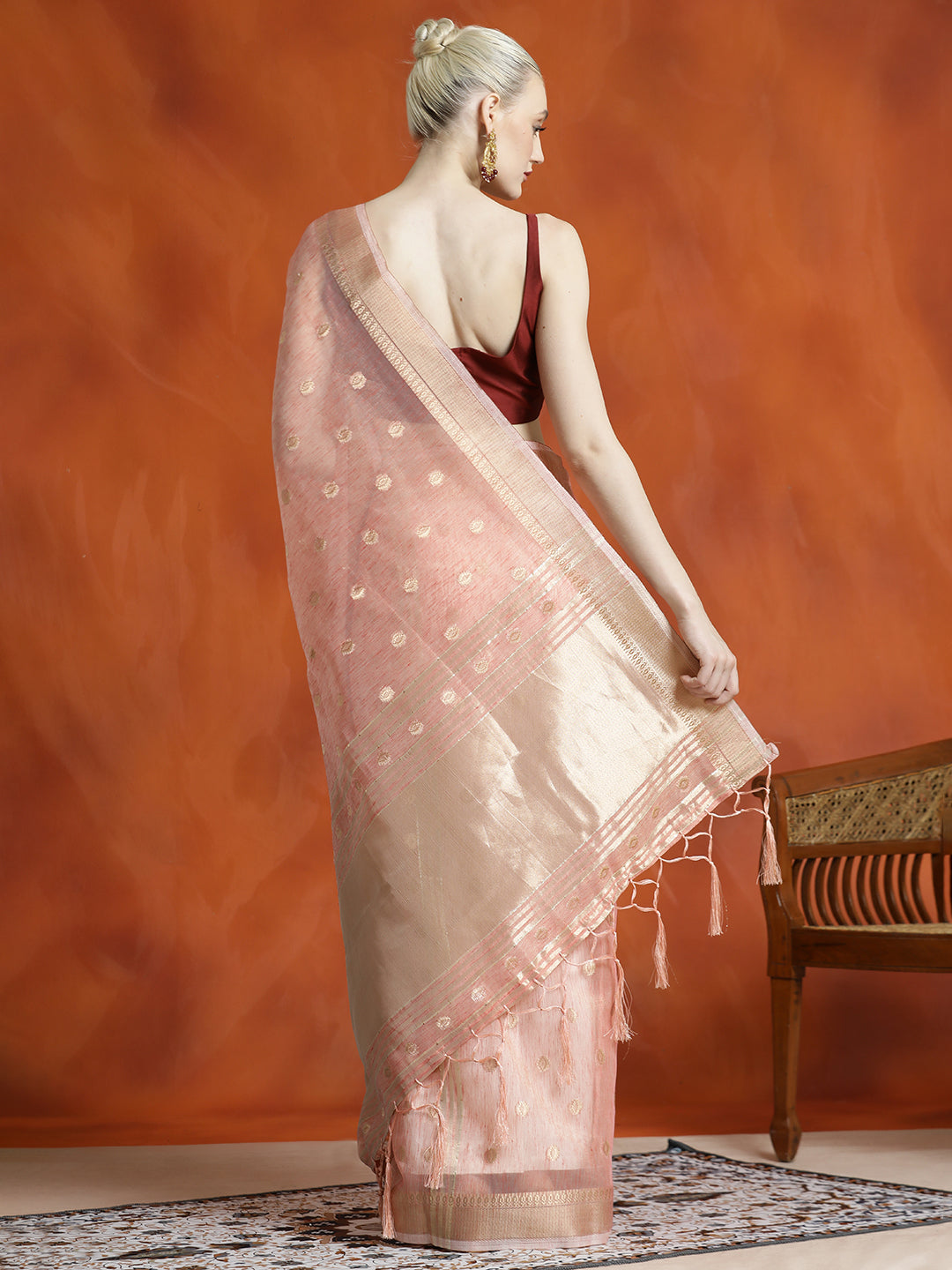 Peach Zari Woven Banarasi Organza Saree