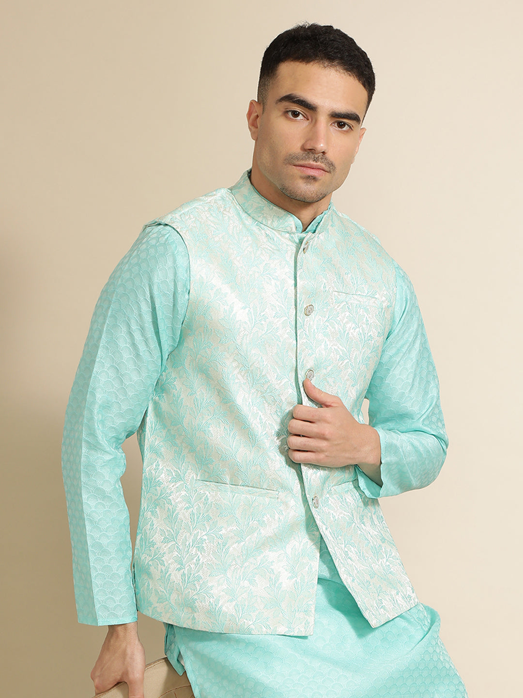 Sea Green Silk Blend Kurta With Woven Design Nehru Jacket Set