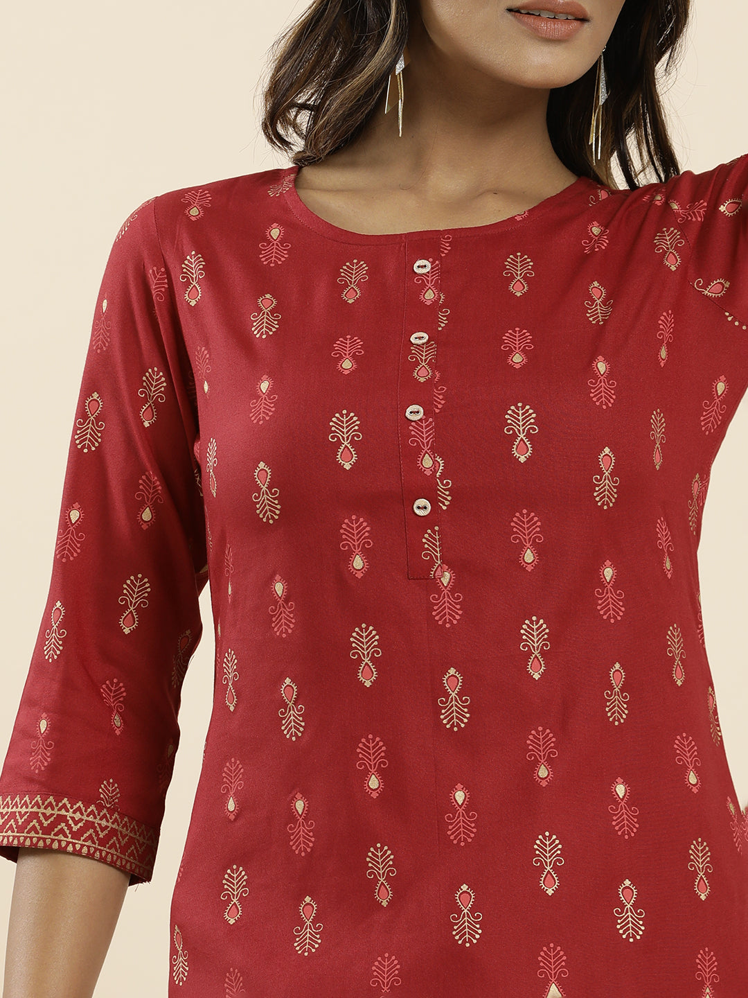 Rust Ethnic Motif Printed Straight Kurta