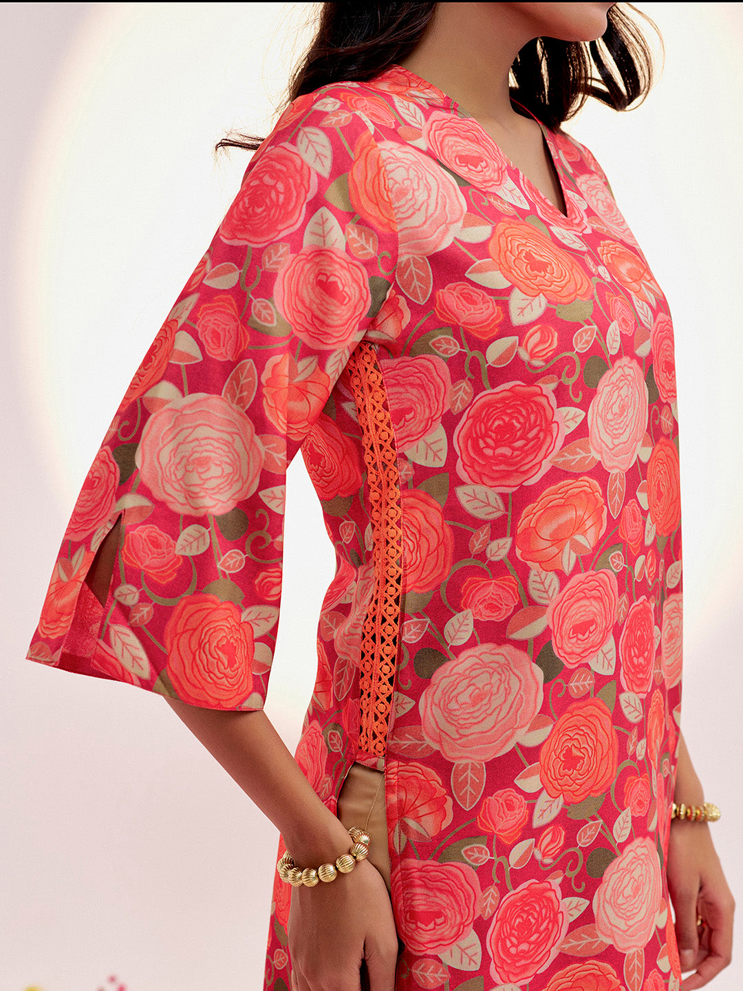 Rust Floral Printed Festive Straight Kurta