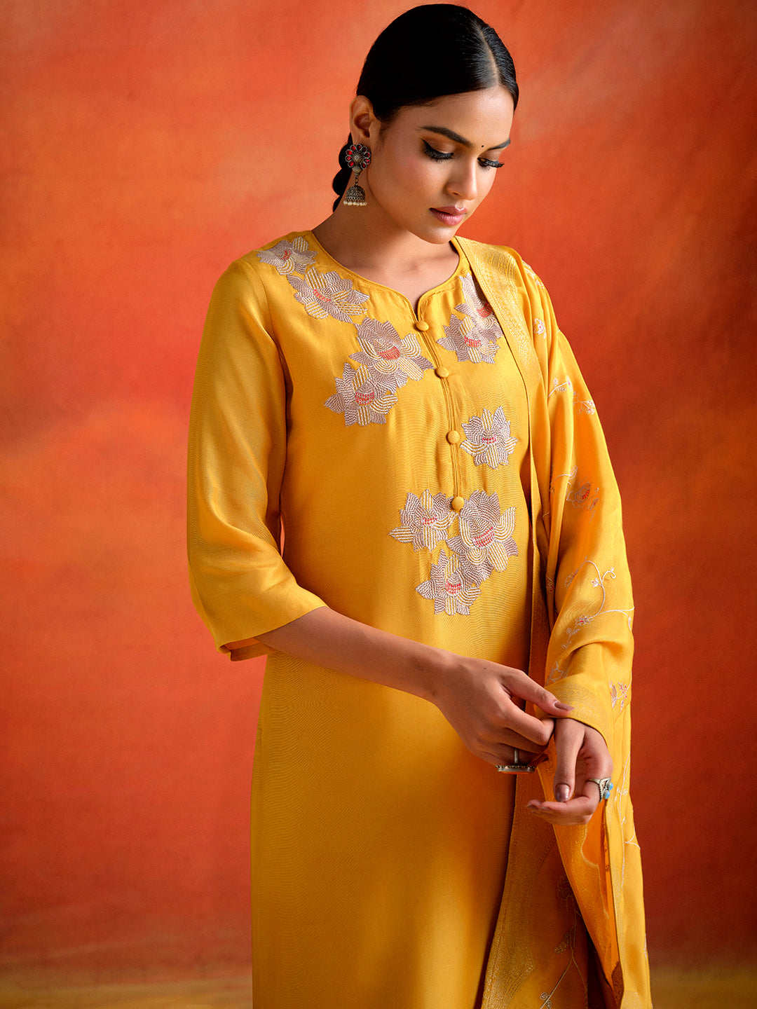 Mustard Hand Embroidered Festive Kurta Set With Dupatta