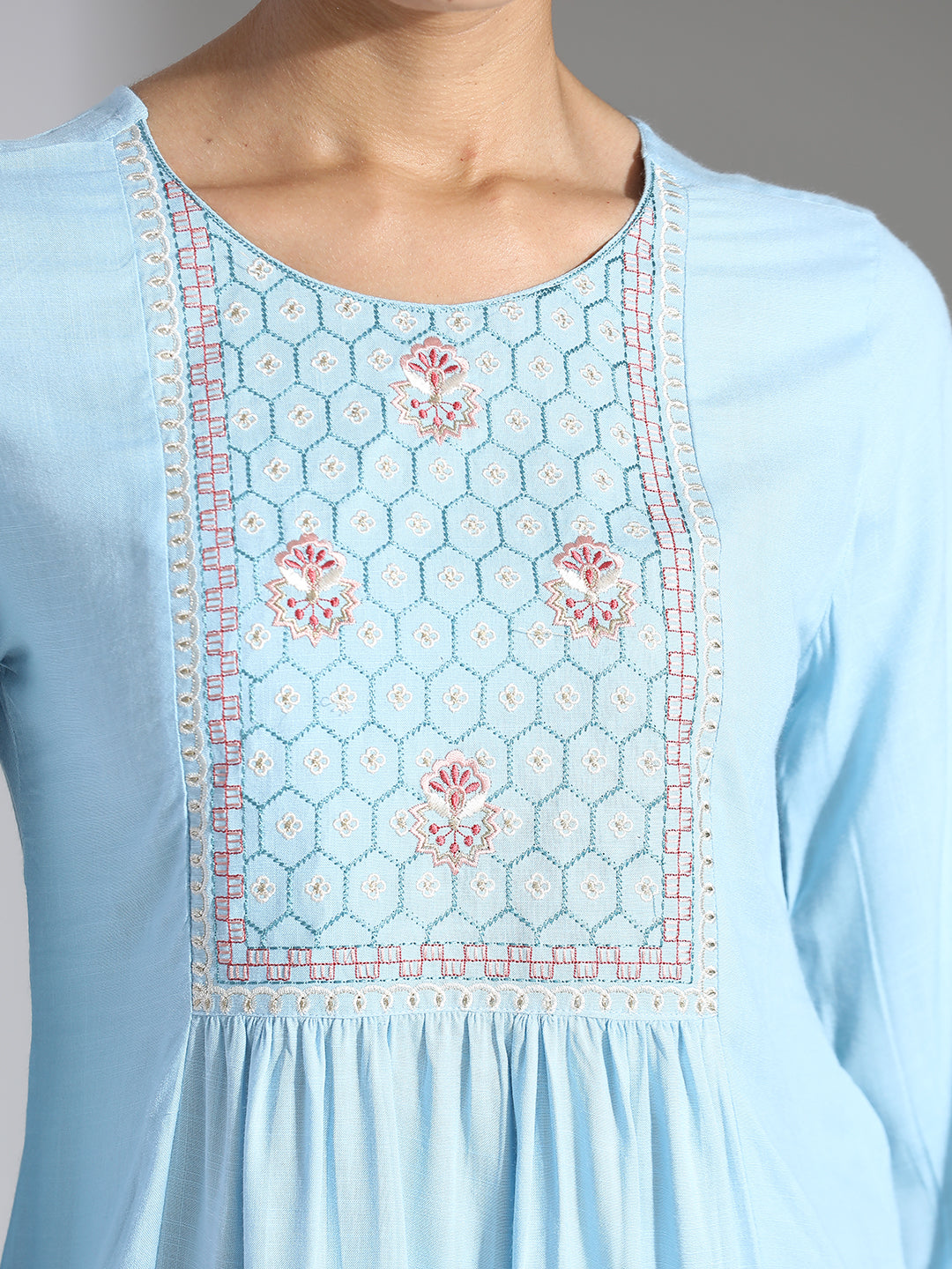 Light Blue Embroidered Party Wear A-line Top