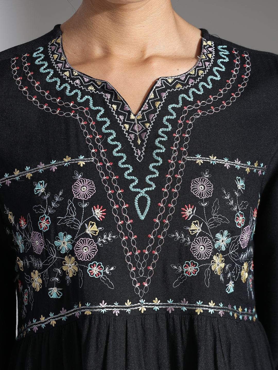 Black Floral Embroidered Rayon Top