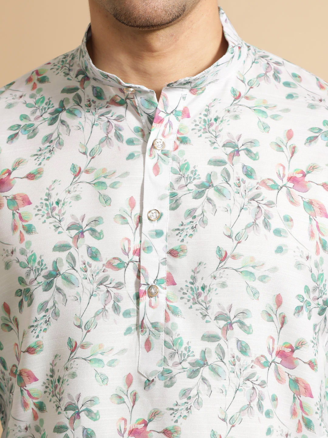 Off White & Green Floral Printed Cotton Kurta for Men