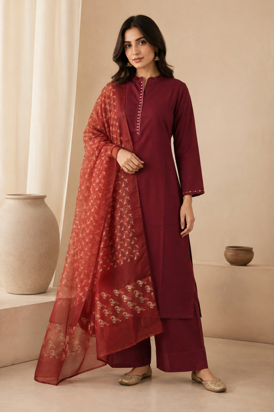 Solid Embroidered Straight Kurta & Palazzos Sets