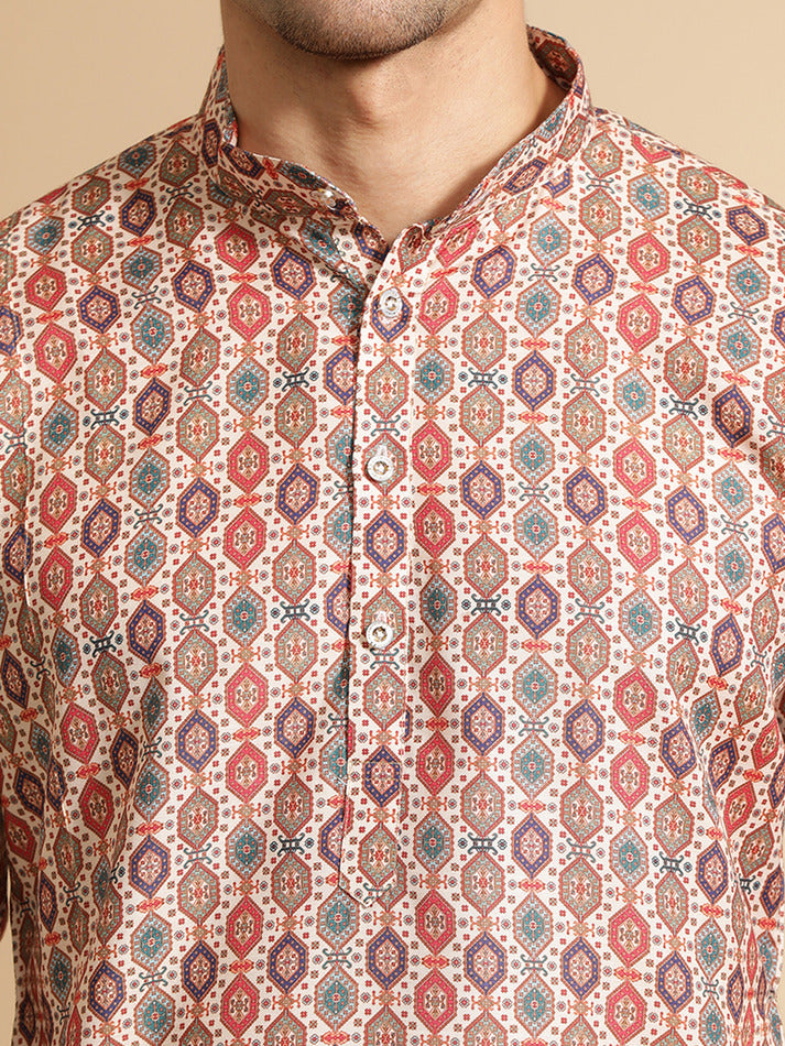 Beige Geometric Printed Cotton Kurta for Men