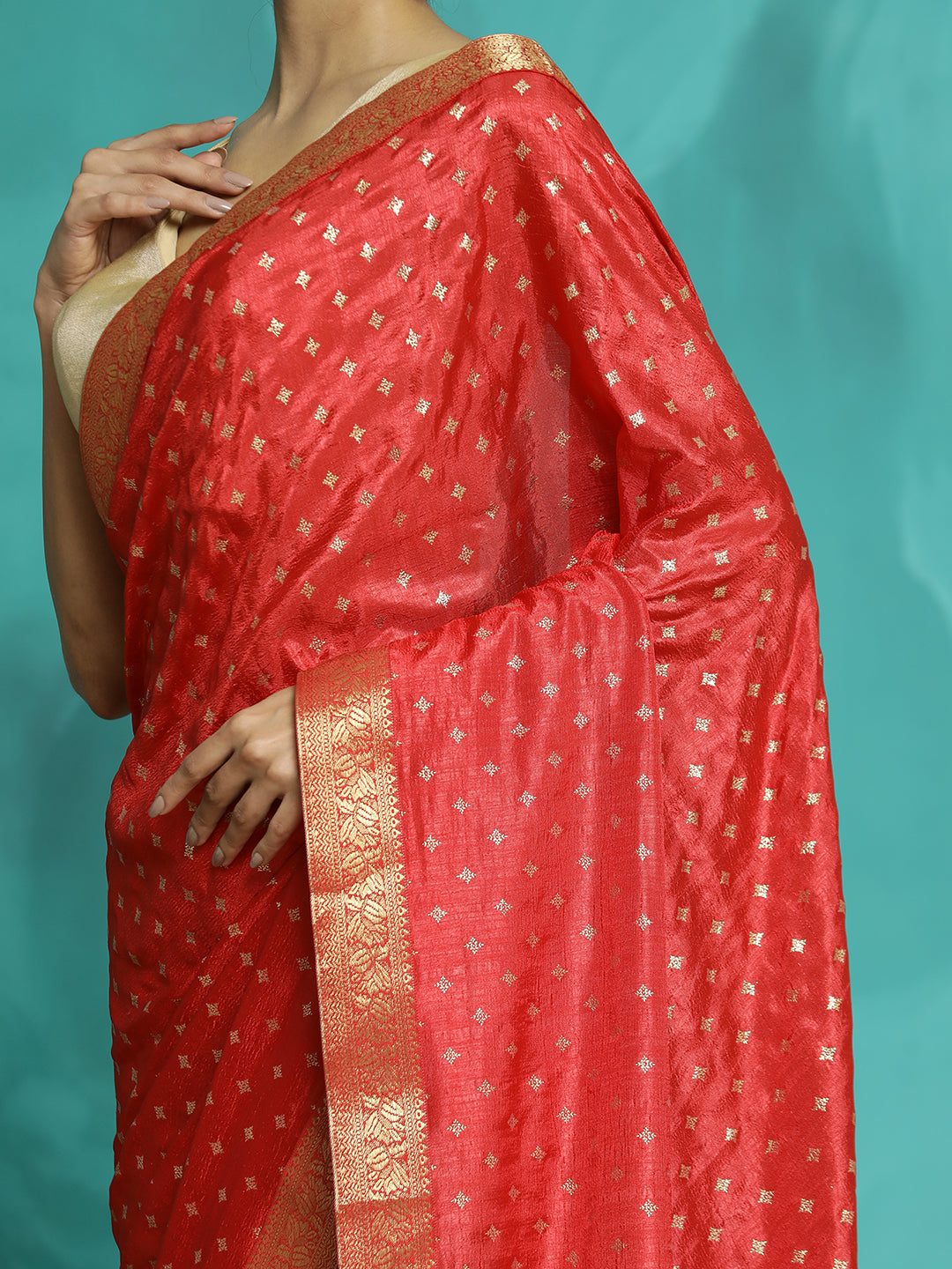 Red Silk Blend Floral Zari Woven Heavy Saree