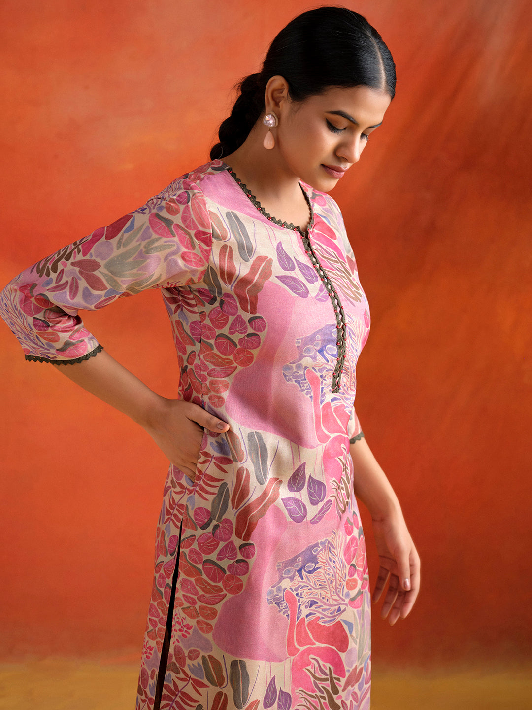 Pink Botanical Printed Embroidered Straight Kurta