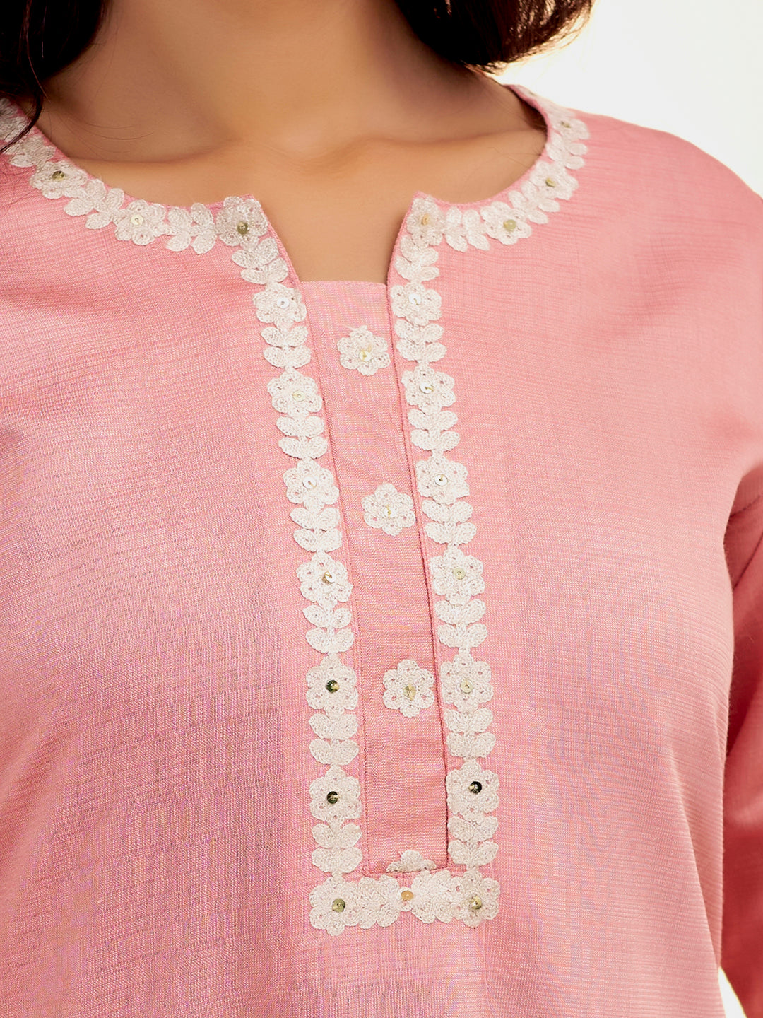 Peach Self Woven Dori Embroidered Kurta Set