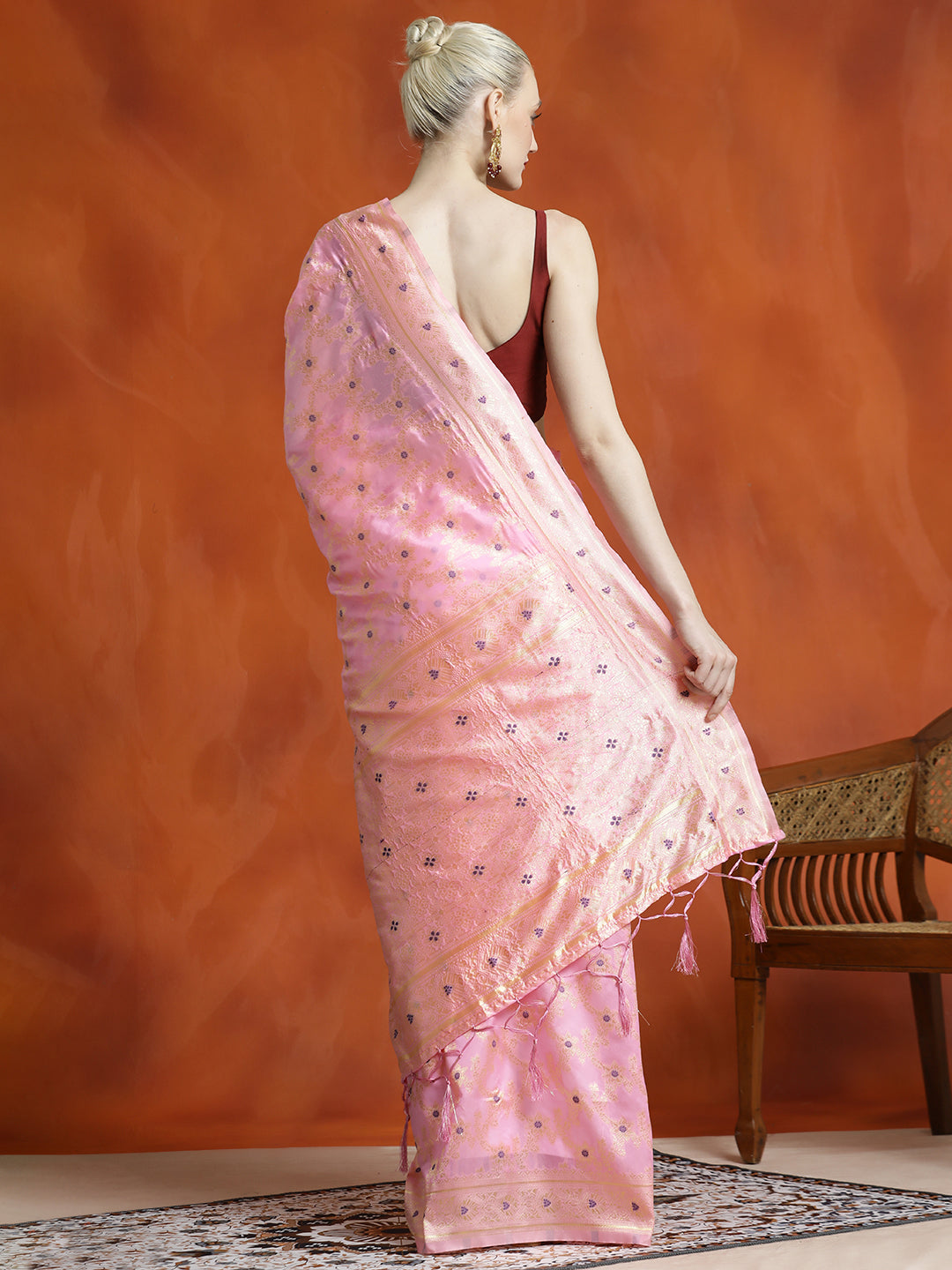 Banarasi Zari Woven Silk Blend Baby Pink Saree