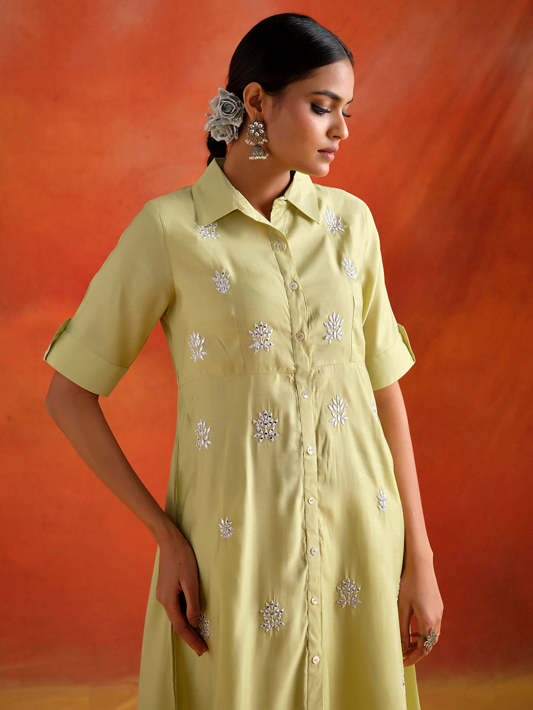 Lime Green Mirror Work Viscose Chanderi A-line Kurta