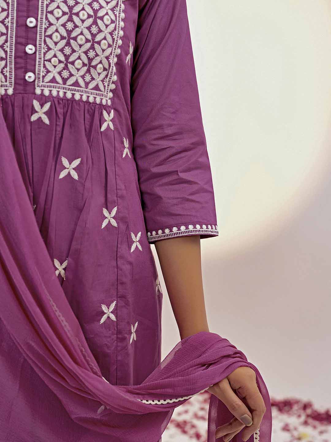 Magenta Threadwork Embroidered Pure Cotton Kurta Set With Dupatta