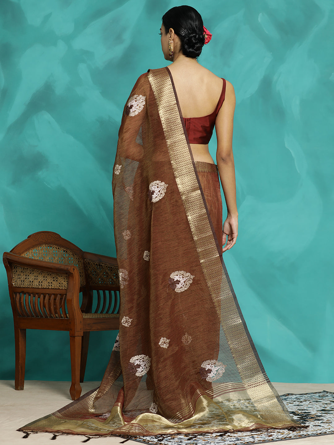 Party Wear Banarasi Organza Brown Saree