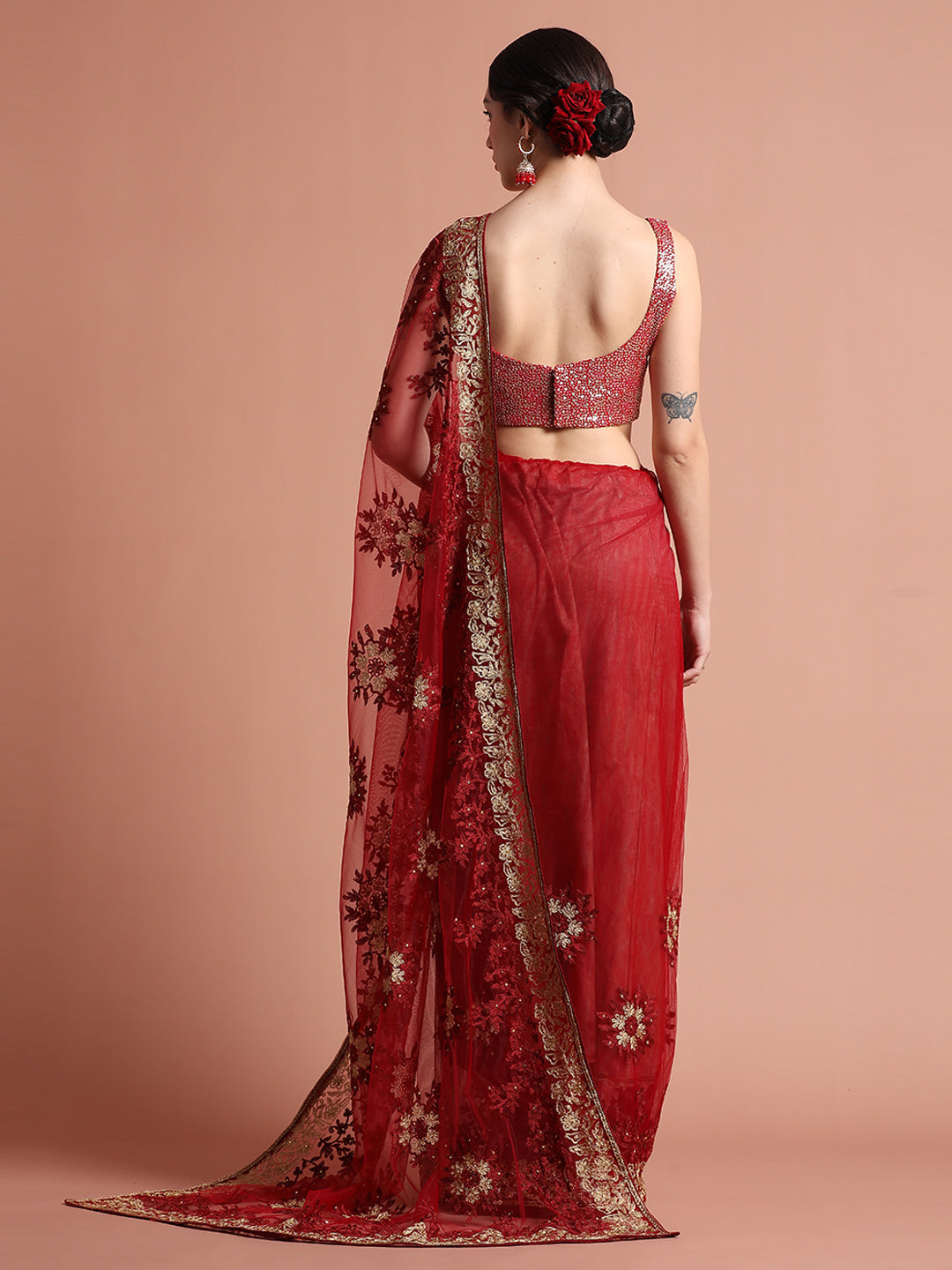 Maroon Floral Embroidered Net Party Wear Saree