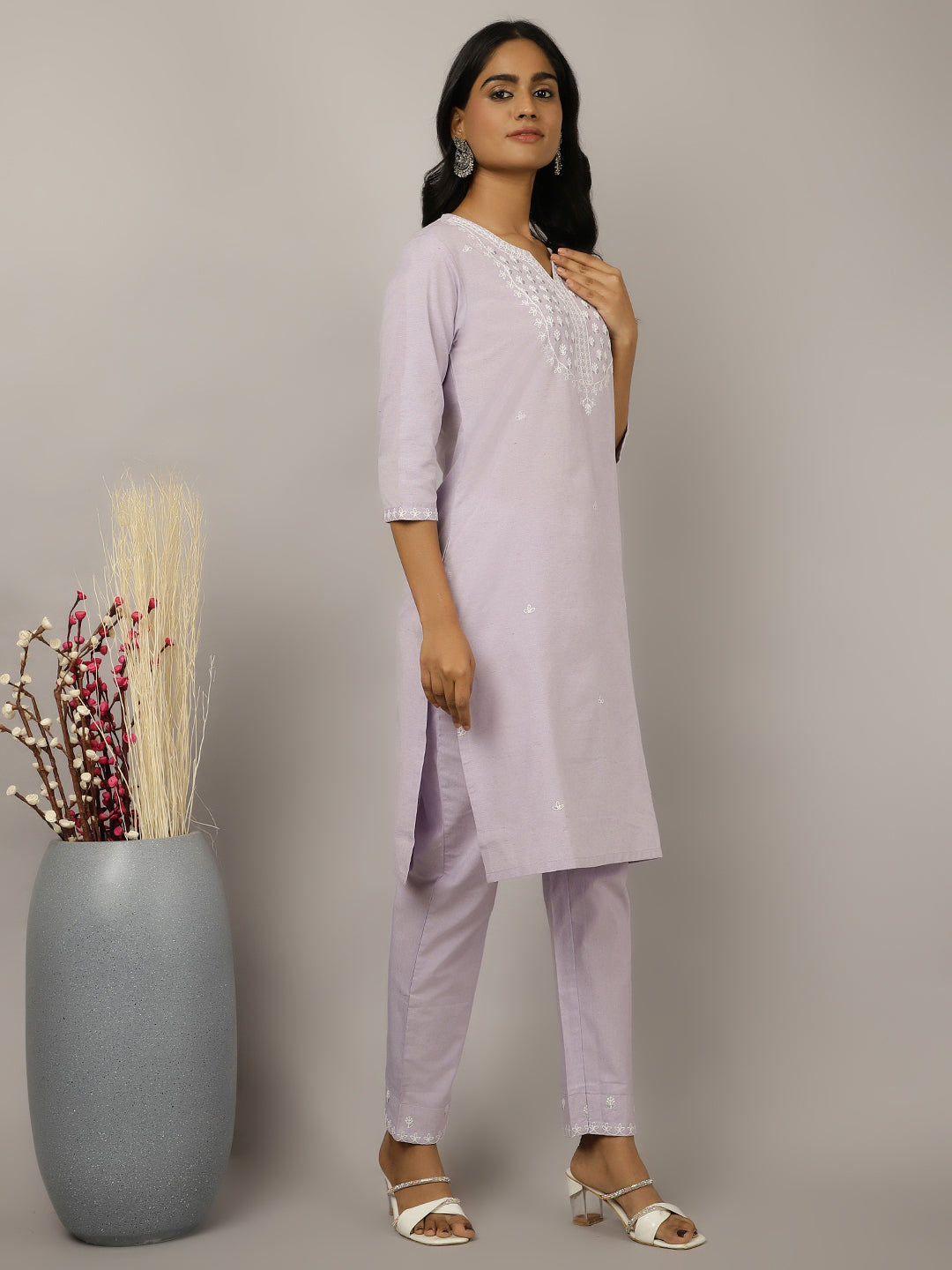 Lavender Sequin Embroidered Cotton Suit Set