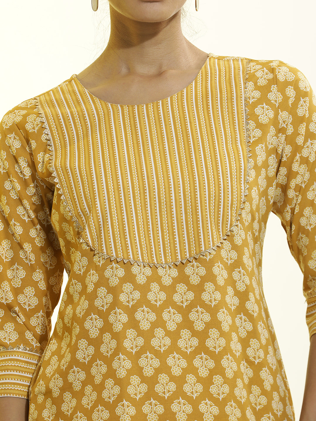 Yellow Floral Printed Cotton Blend Kurta Set