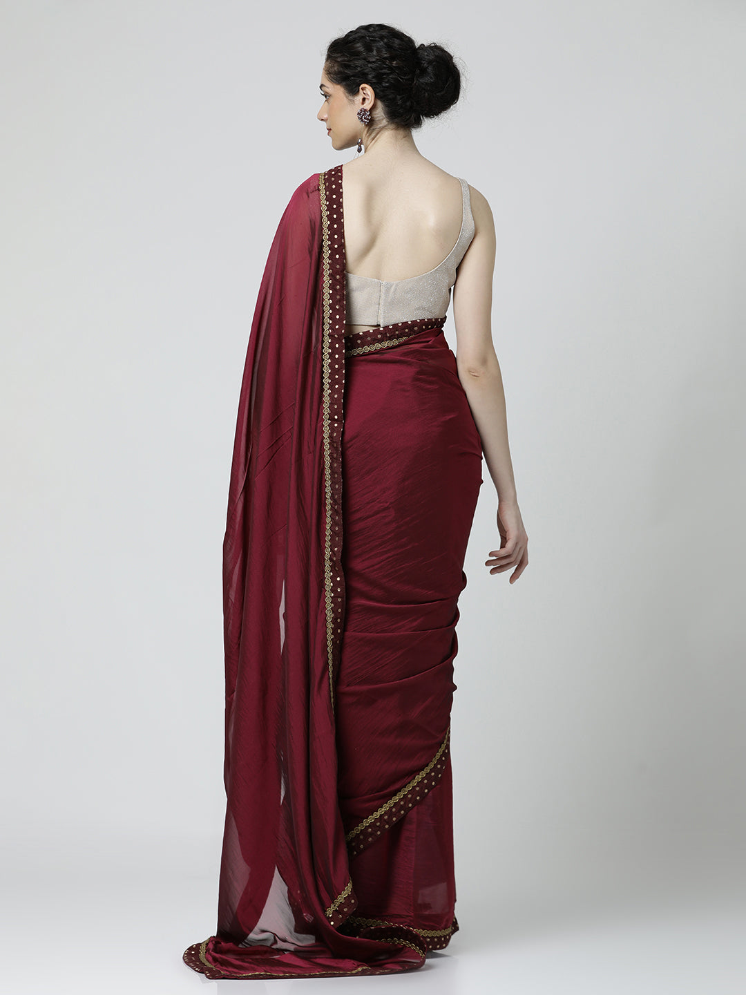 Red Wine Embellished Poly Silk Saree