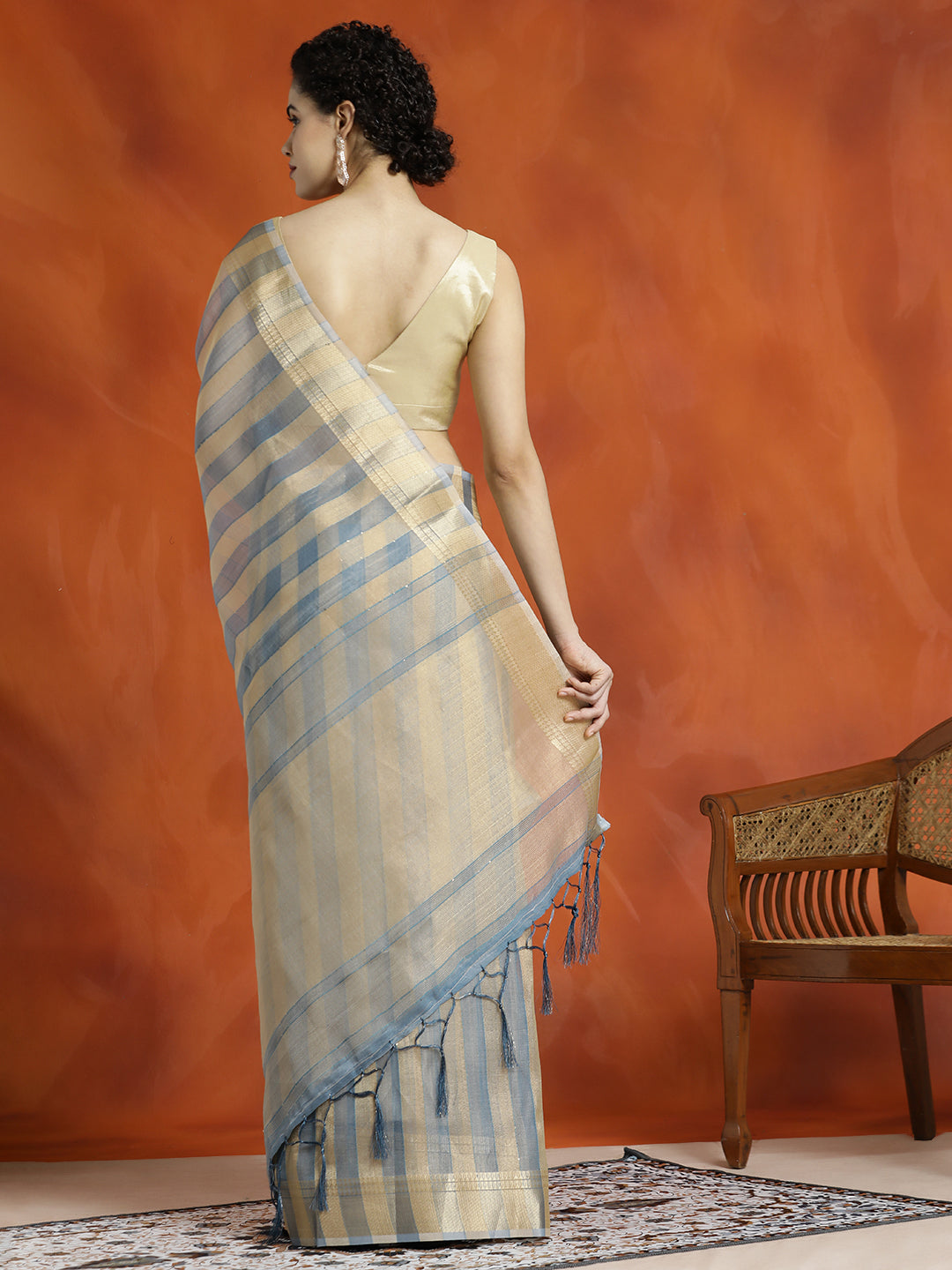 Grey Striped Embellished Banarasi Organza Saree