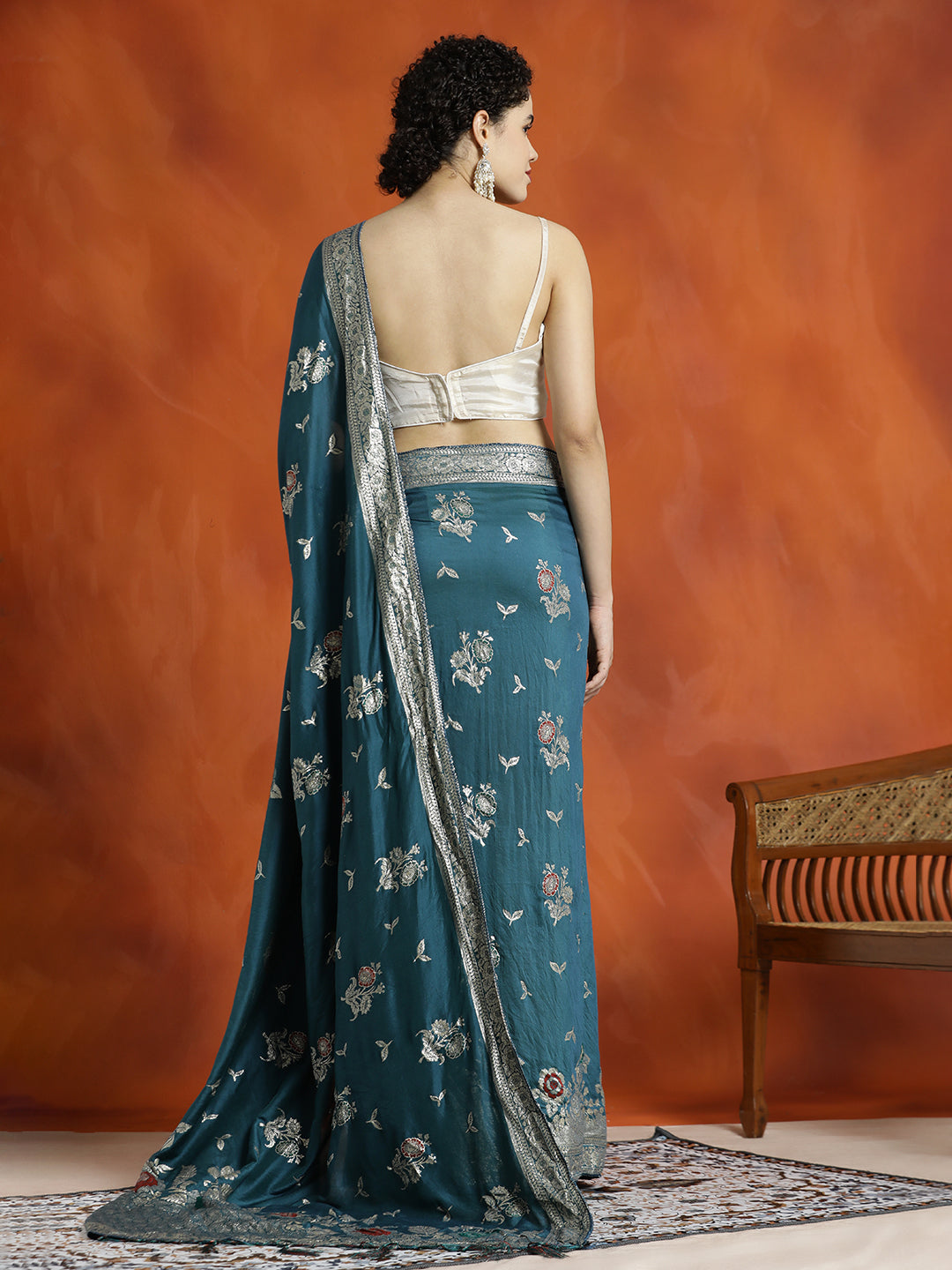 Teal Blue Heavy Banarasi Zari Woven Silk Blend Saree