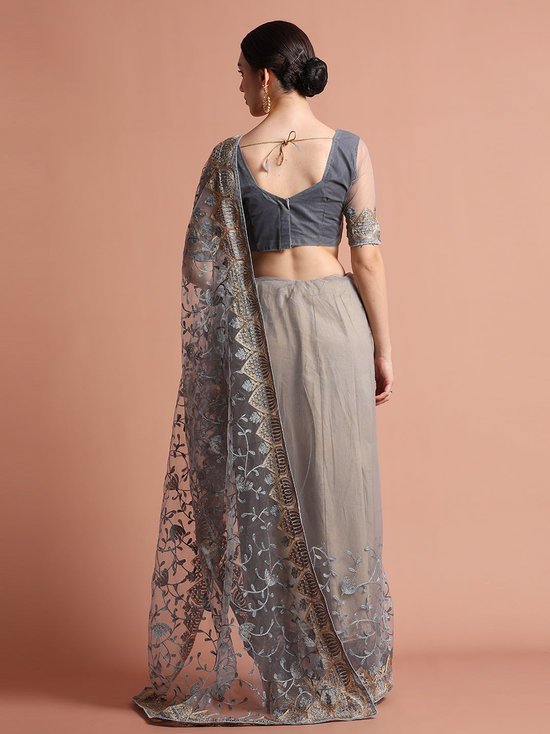 Grey Floral Embroidered Net Party Wear Saree