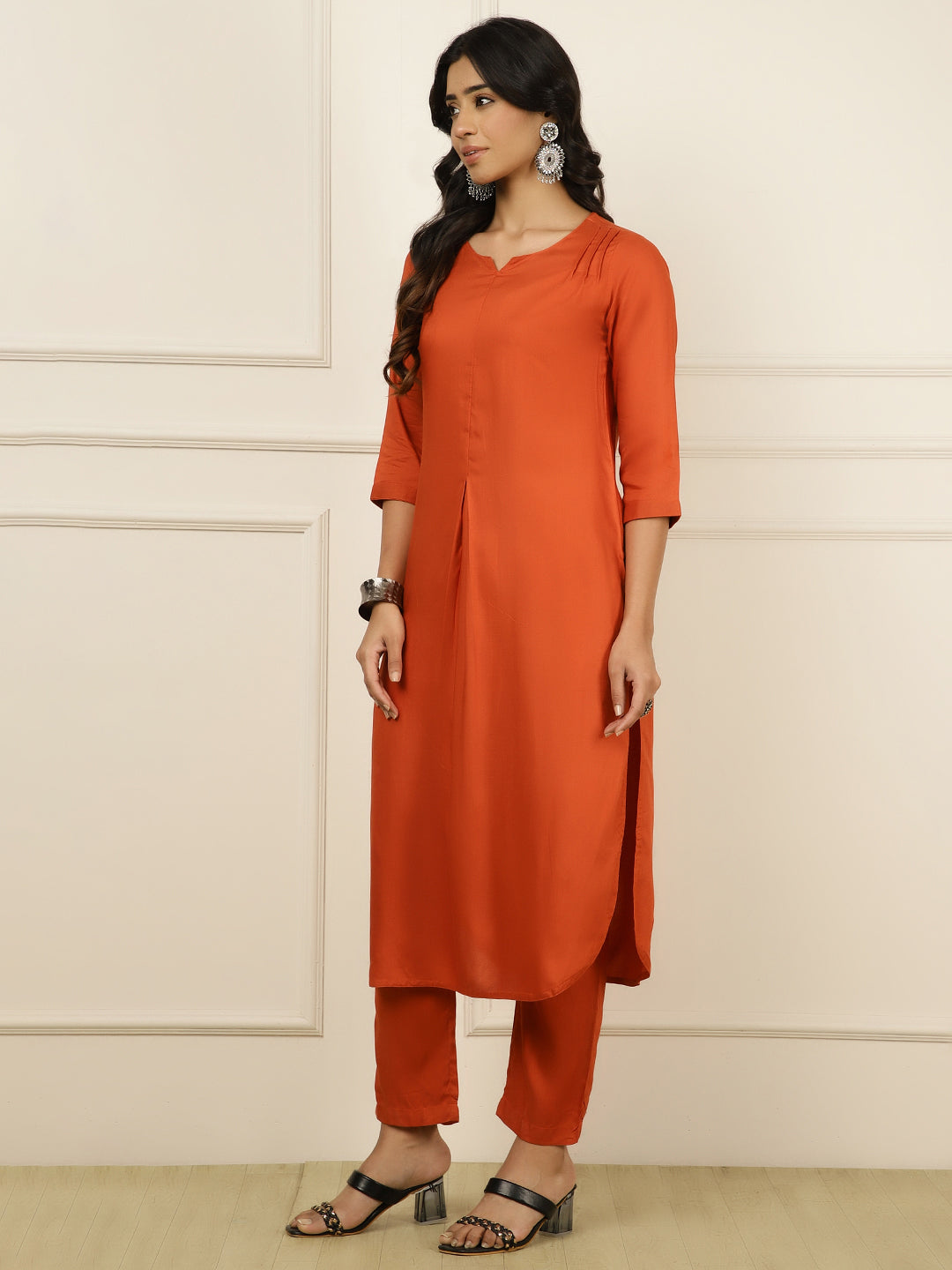 Rust Pleated Straight Kurta With Pants