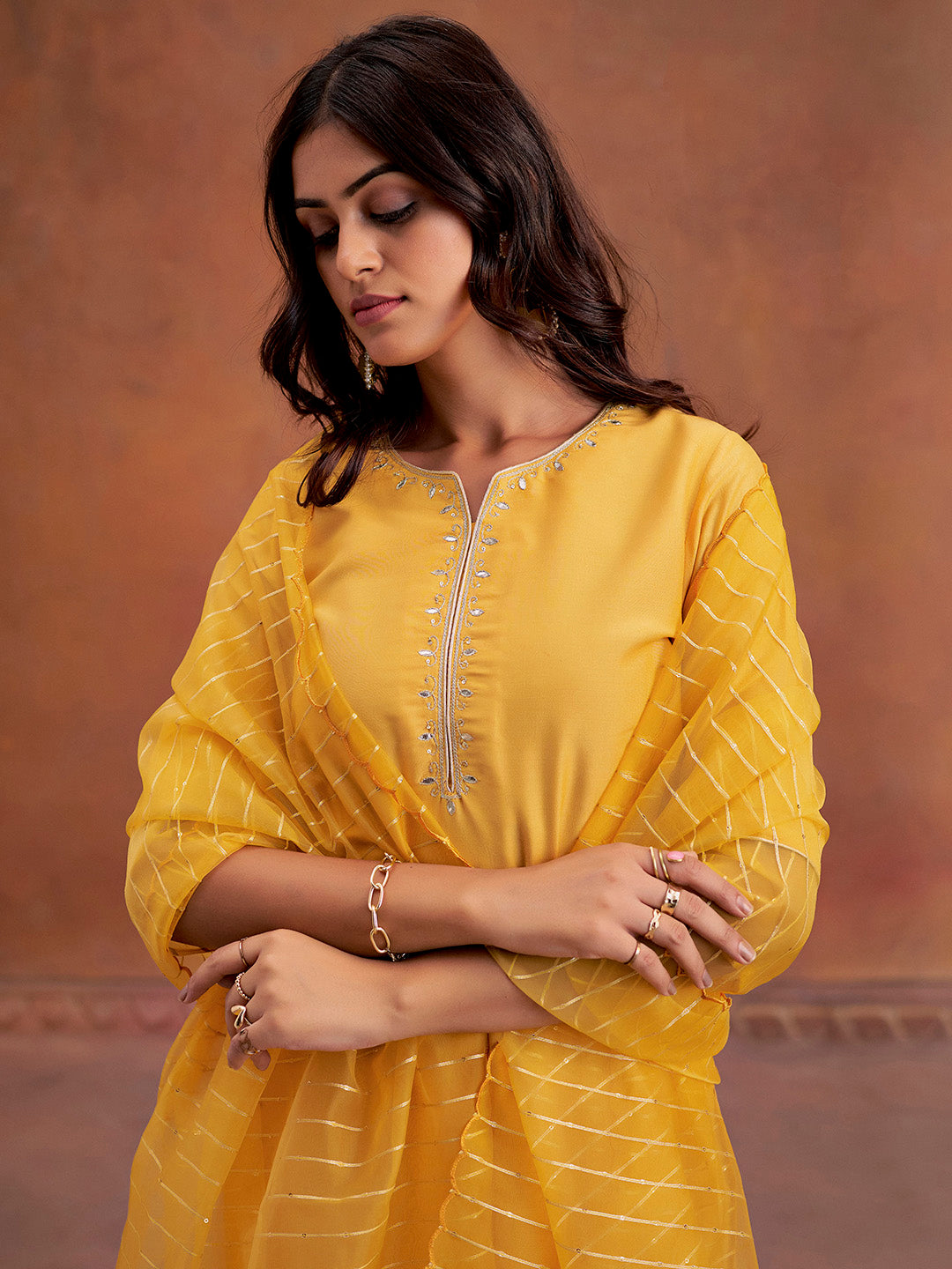 Mustard Festive Embroidered Poly Silk Kurta Set With Dupatta