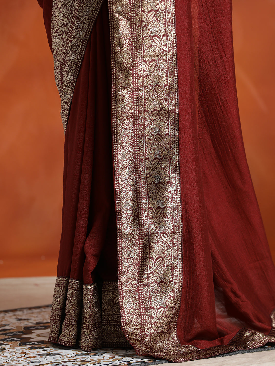 Maroon Silk Blend Zari Woven Party Wear Saree