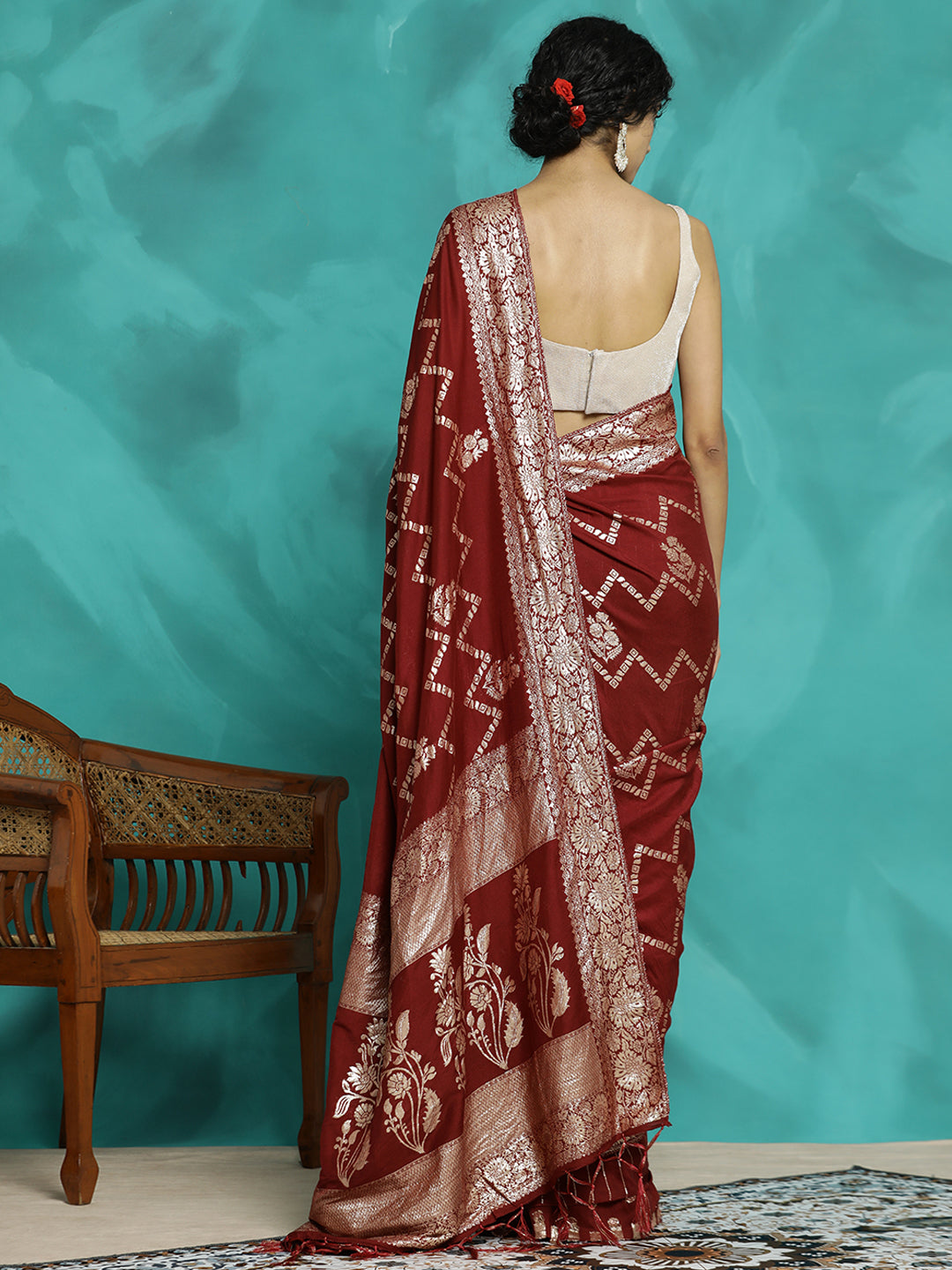 Maroon Heavy Banarasi Zari Woven Silk Blend Saree