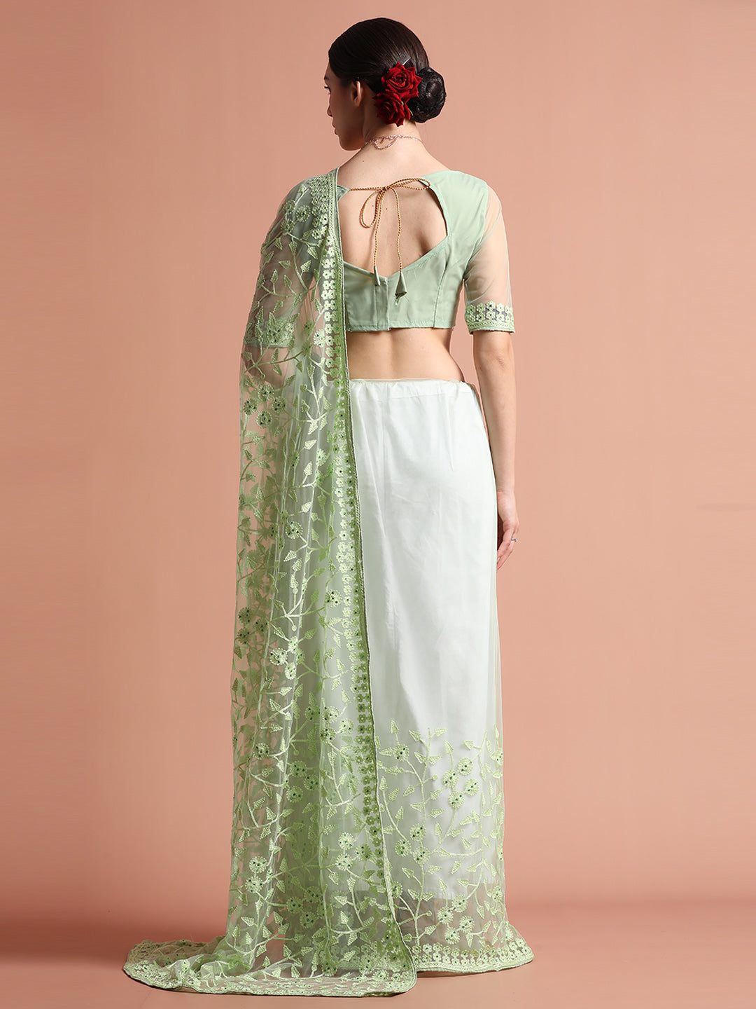 Party Wear Pista Green Floral Embroidered Net Saree