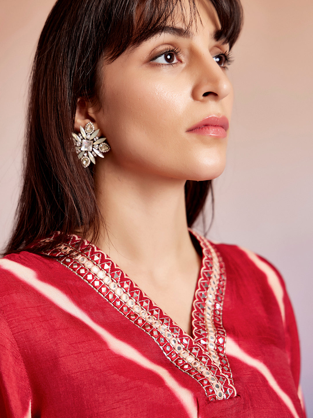 Red Embroidered Leheriya Kurta Set