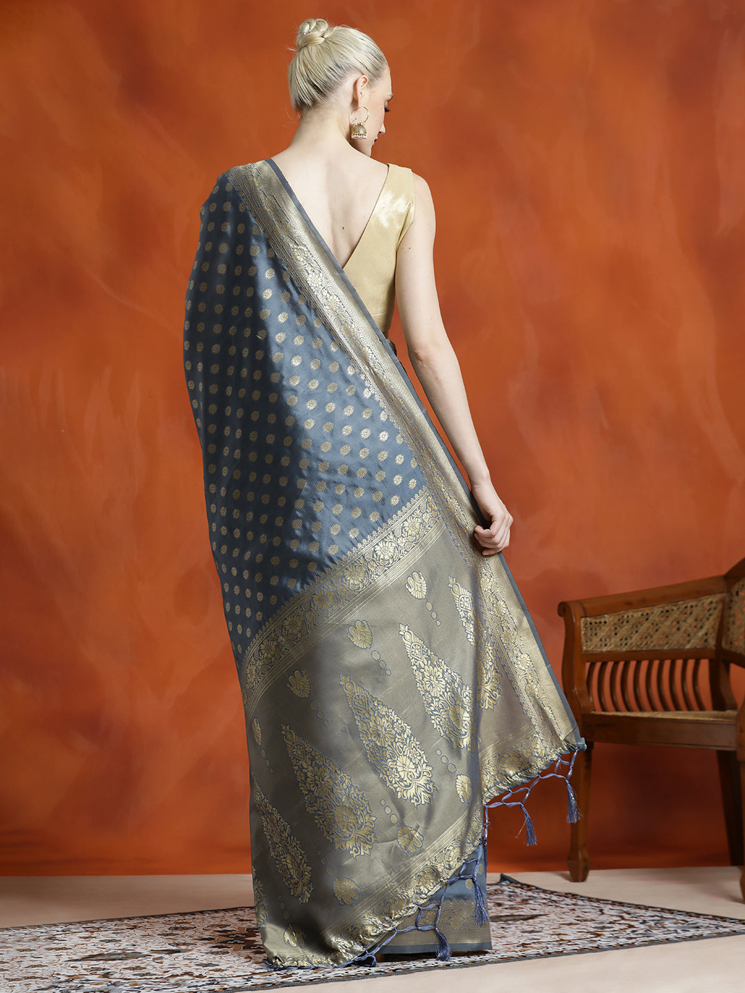 Grey Heavy Banarasi Zari Woven Silk Blend Saree