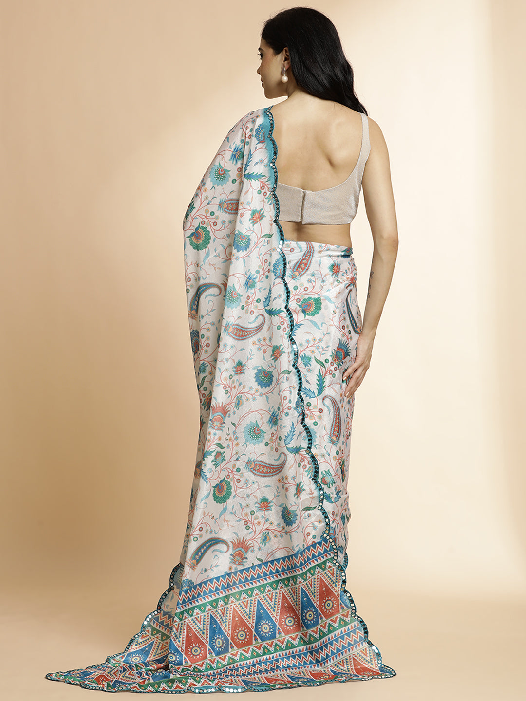 Multicolor Printed Mirror Work Satin Saree