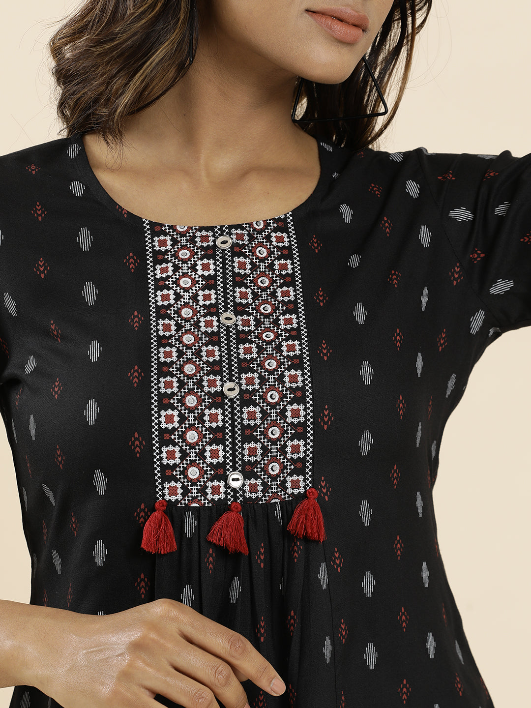 Black Geometric Printed Peplum Top