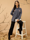 Navy Blue Embroidered Woolen Shirt