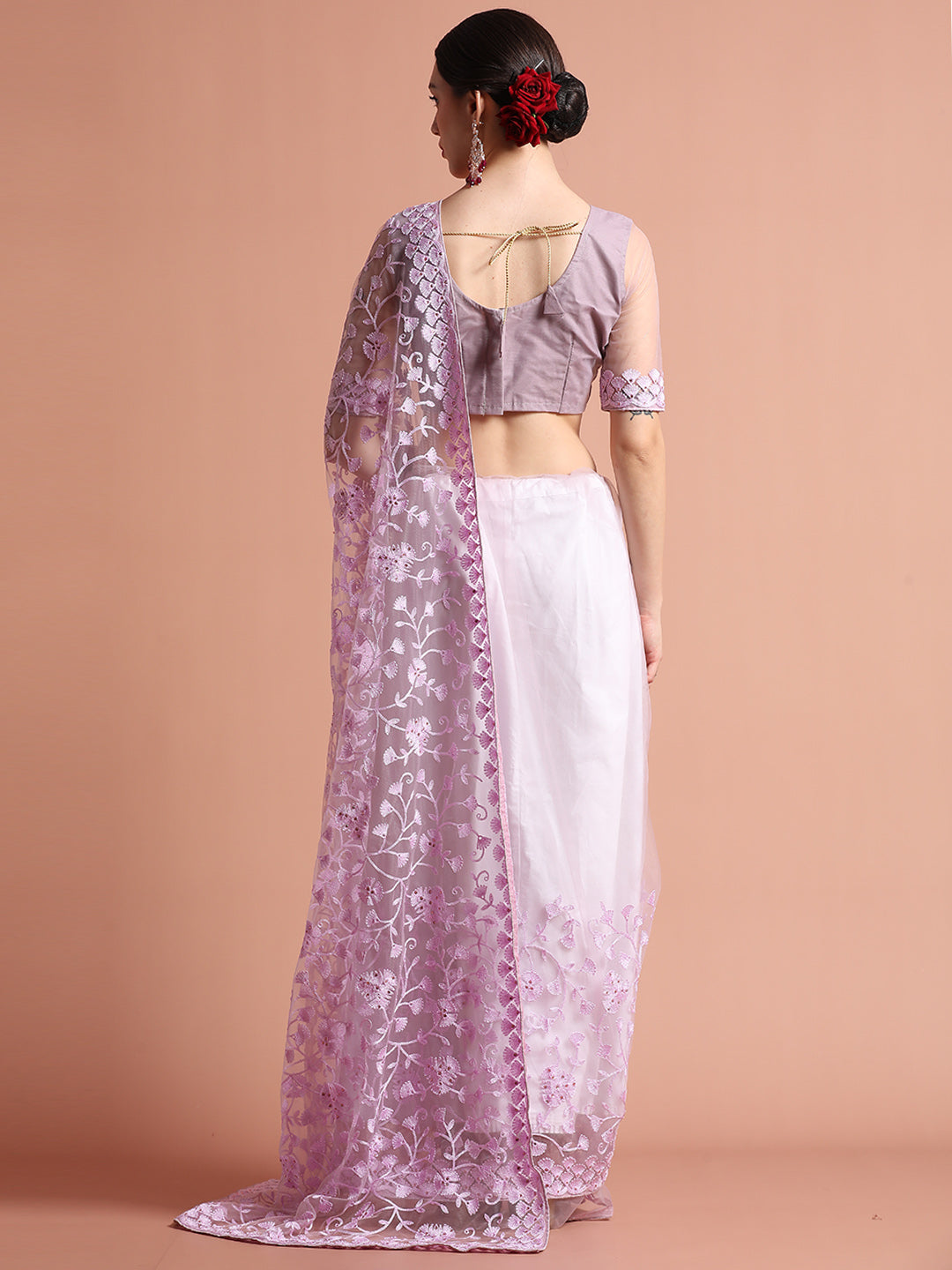 Lavender Party Wear Floral Embroidered Net Saree