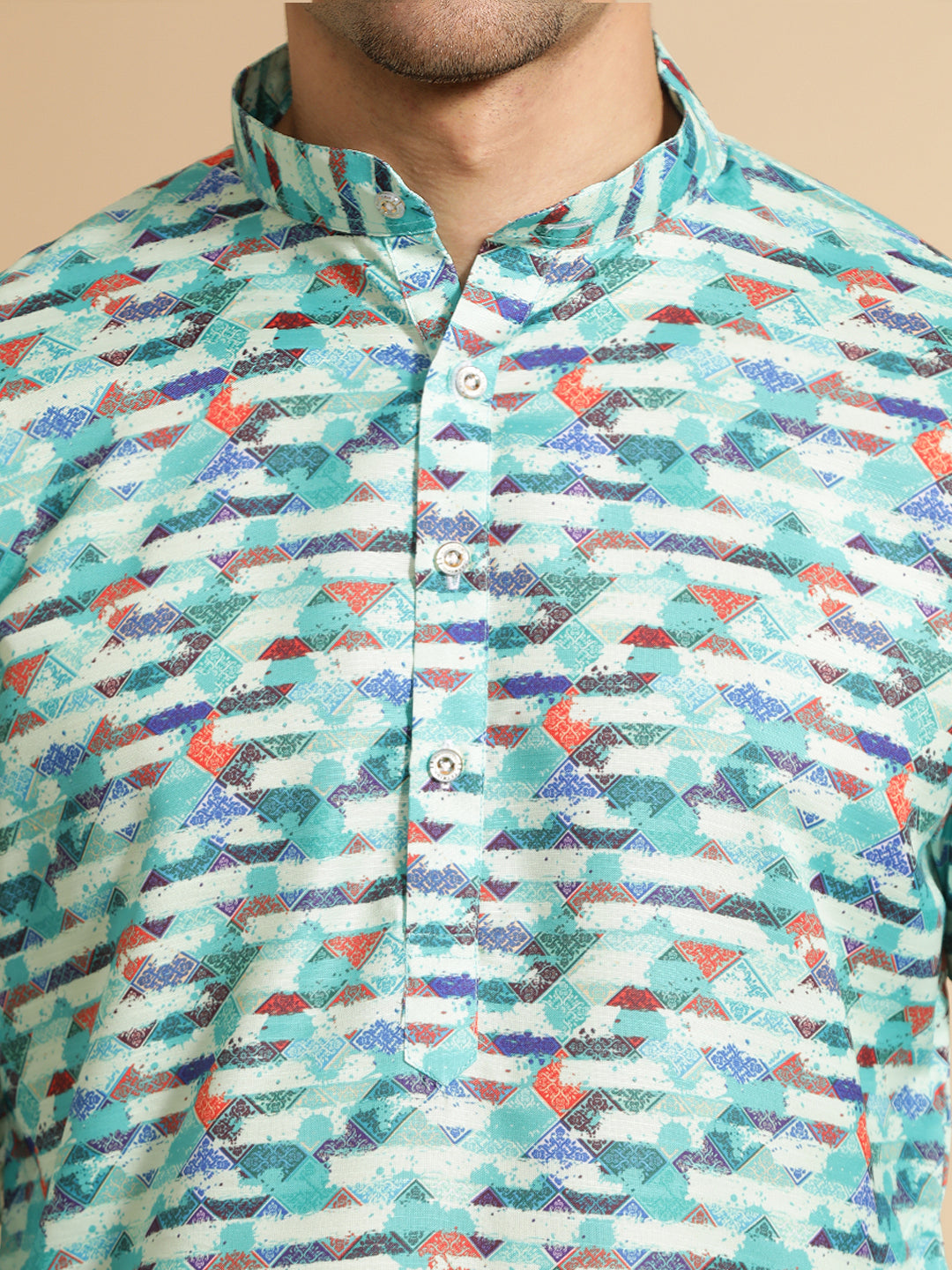 Sea Green Abstract Printed Cotton Kurta for Men