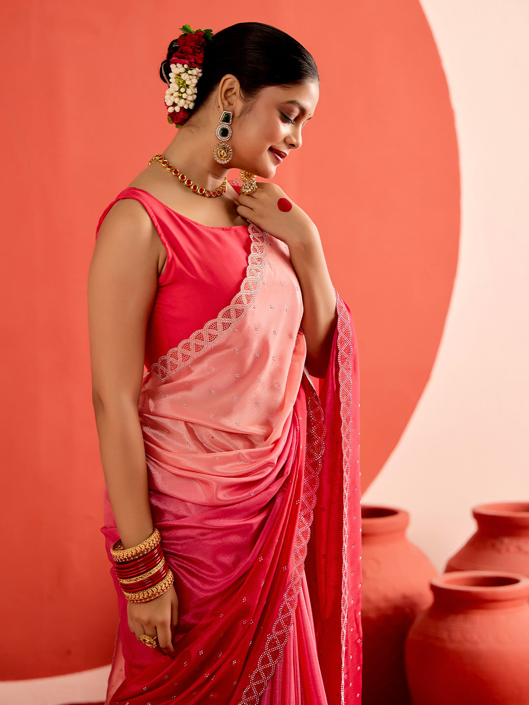 Satin Siroski Work Party Wear Pink Saree