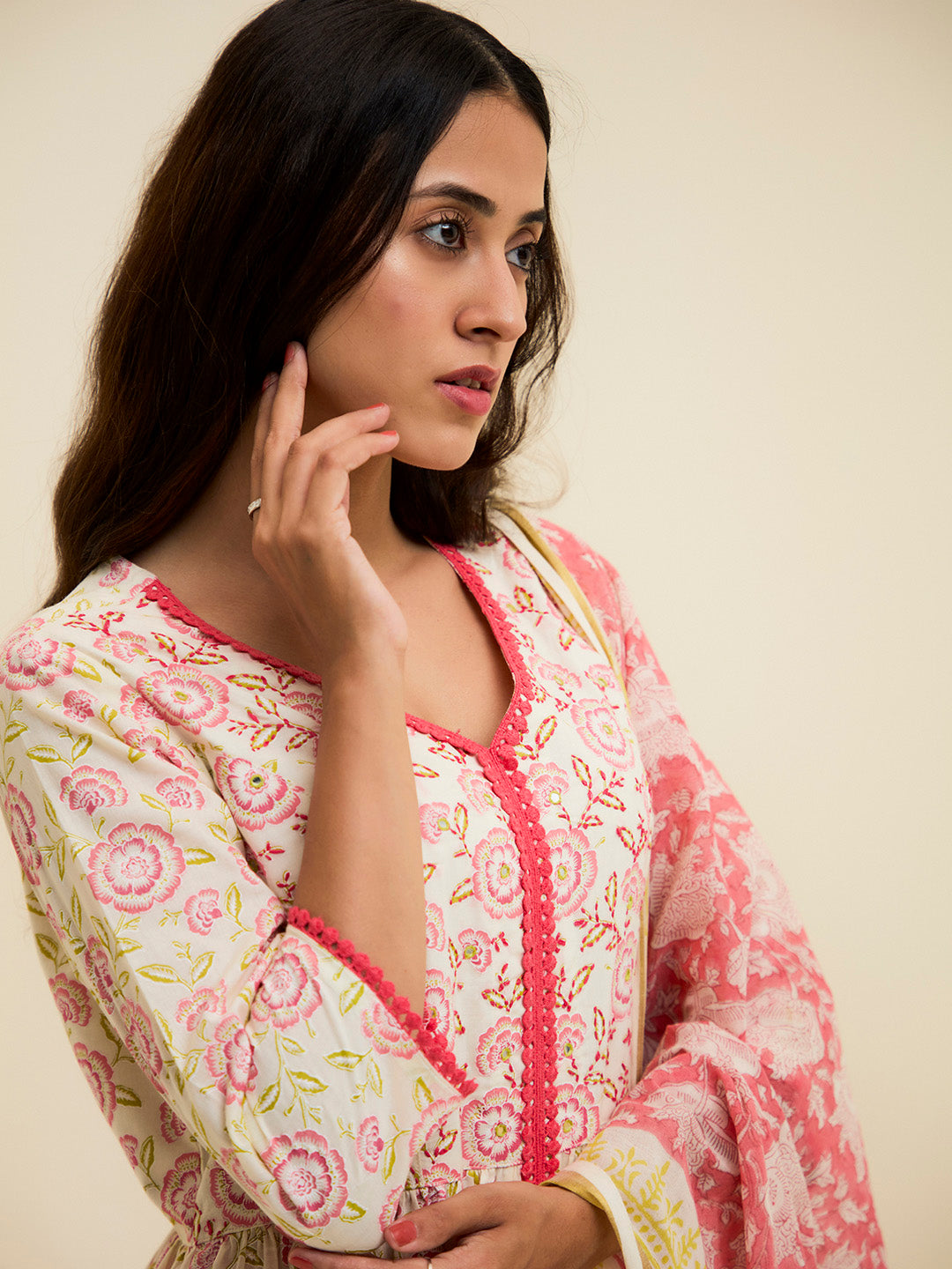 Coral Cotton Handblock Printed Kurta With Palazzo And Dupatta