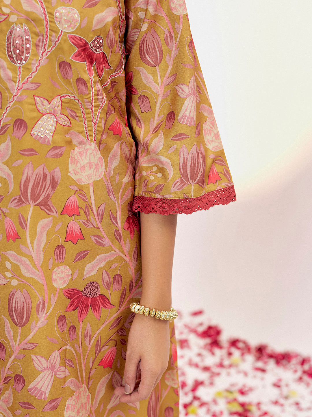 Mustard Botanical Printed A-line Kurta