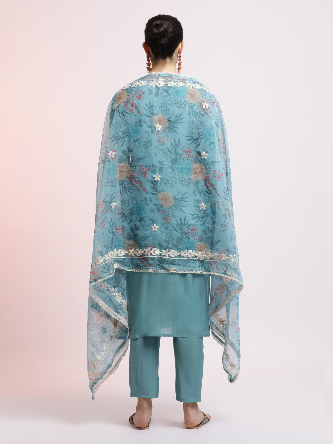 Sea Green Floral Embroidered Festive Kurta Set With Dupatta