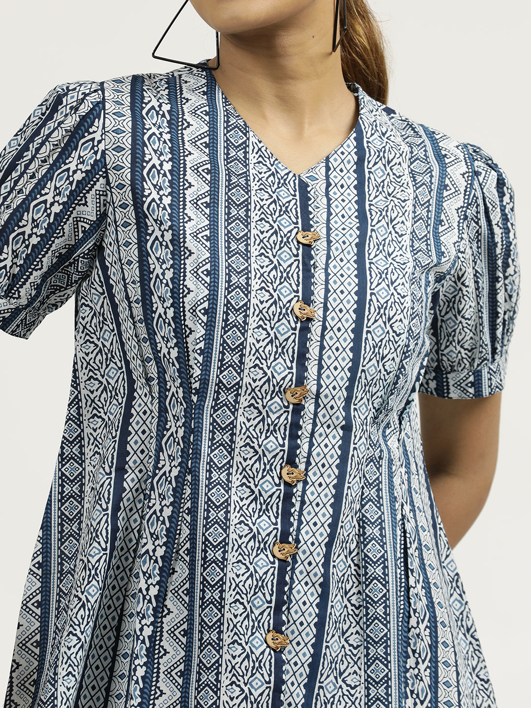 Indigo Printed Cotton Pleated Top