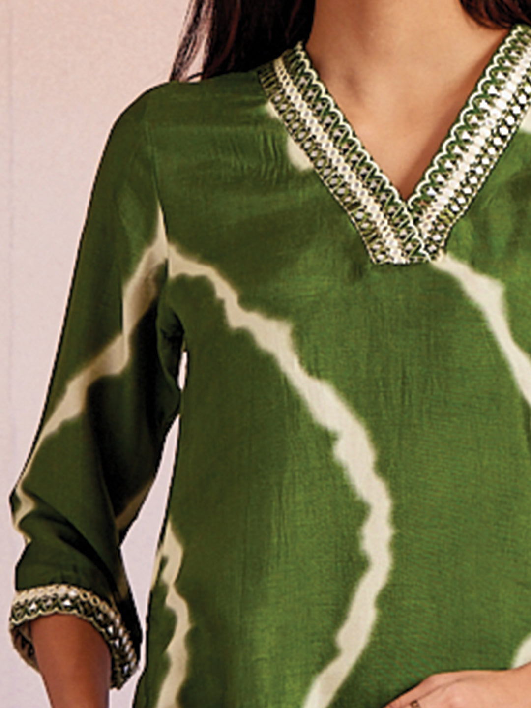 Olive Green Embroidered Leheriya Kurta Set