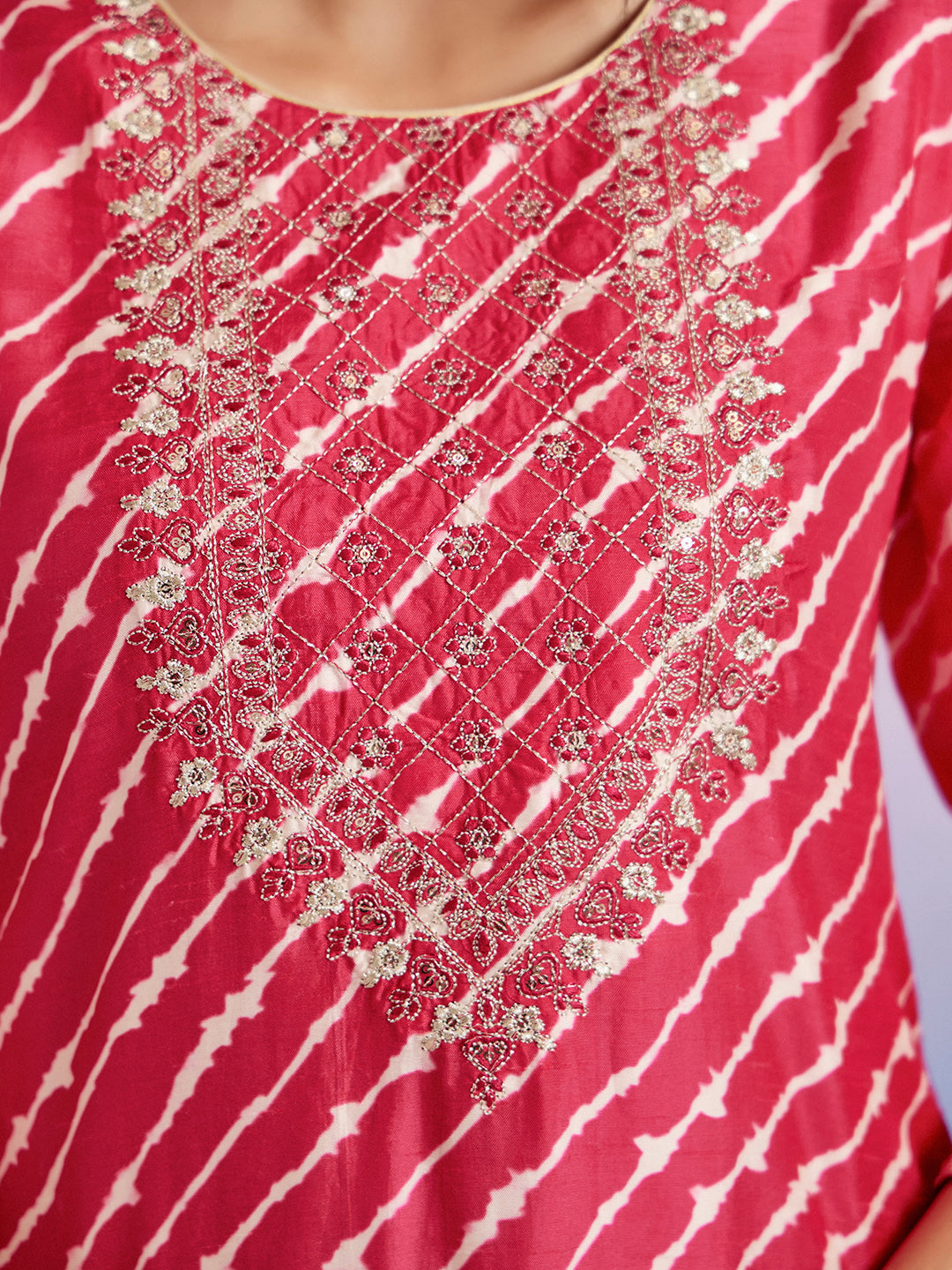 Fuchsia Embroidered Leheriya Kurta With Dhoti