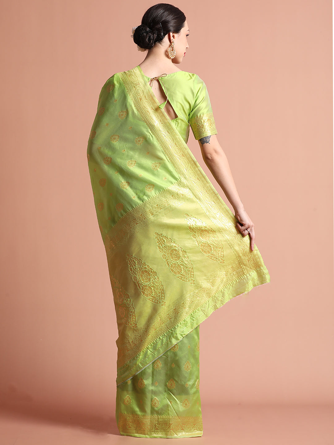 Heavy Banarasi Pista Green Zari Woven Silk Blend Saree