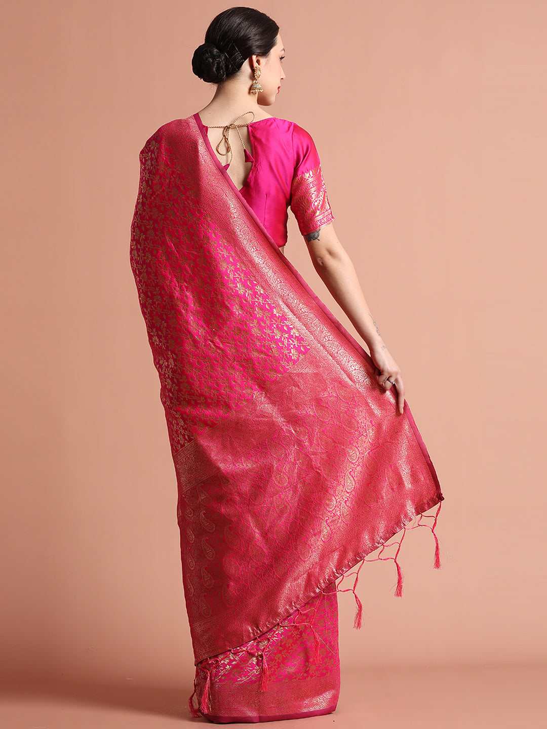 Pink Heavy Banarasi Zari Woven Silk Blend Saree