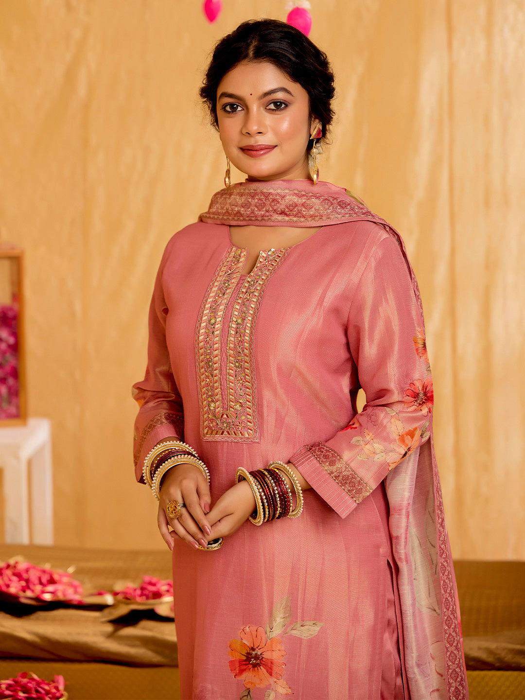 Peach Floral Printed Embroidered Kurta Set With Dupatta