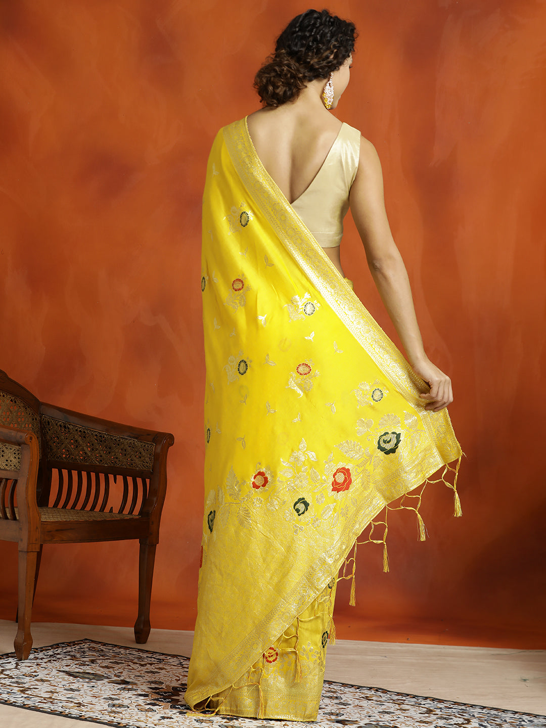 Yellow Silk Banarasi Floral Zari Woven Design Heavy Saree