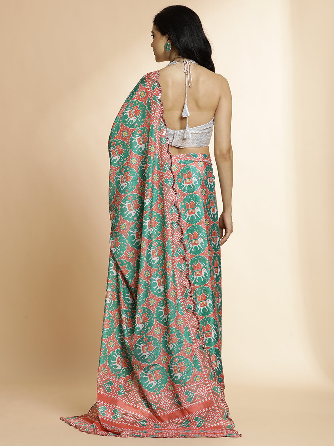 Orange Tie-Dye Printed Mirror Work Satin Saree