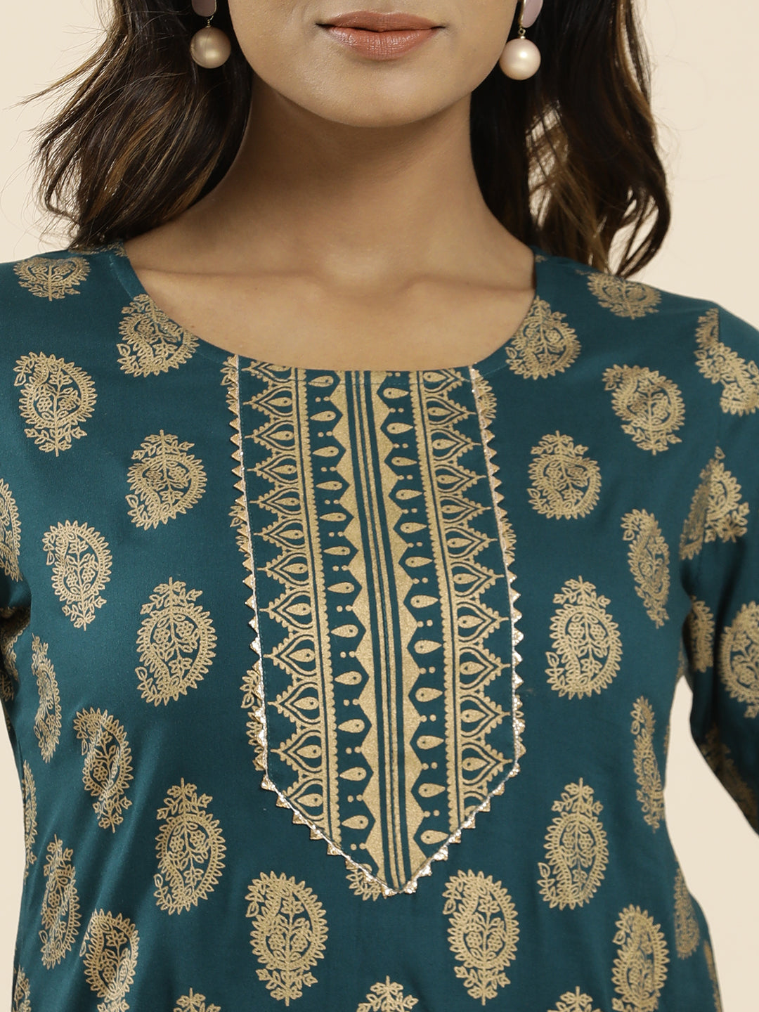 Teal Blue Ethnic Motif Printed Straight Kurta